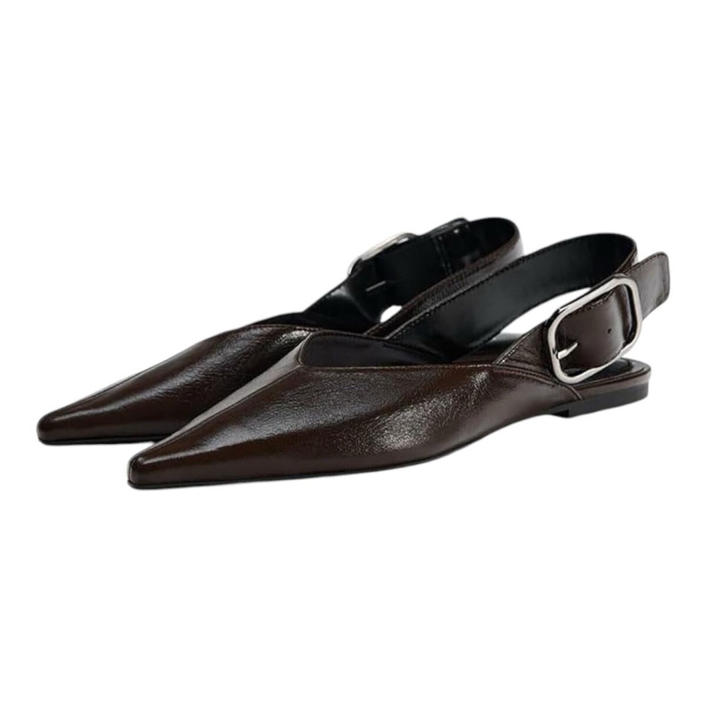Women Wide Welt Buckle Ballet Flats Pointed Toe Slingback Mule Mary Jane Brown